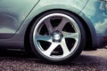 Moscow, Russia: July 06, 2019: Tuned and custom forged wheels 3SDM on a lowered colored gray car Royalty Free Stock Photo