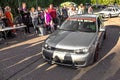 Moscow, Russia - July 19, 2019: Tuned low sport hatchback with red Candy colored alloy wheels. Volkswagen Golf mk 4 is on the Royalty Free Stock Photo