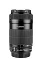 Moscow, Russia - July 18, 2020: Vertical standing on rear protective cap Canon EF-S 55-250 mm lens with autofocus and stabilizer Royalty Free Stock Photo