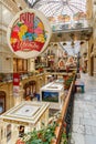 Moscow, Russia - July 28, 2019: View of GUM interiors. Architecture of GUM State Department Store on Red square in Moscow