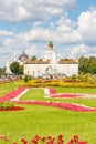 Moscow, Russia - July 22, 2019: View of pavilion Ukraine on VDNH in Moscow from central alley against fountain Stone flower at Royalty Free Stock Photo