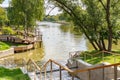 Moscow, Russia - July 22, 2019: View of pond on VDNH at sunny summer morning. VDNH park is popular touristic landmark in Moscow Royalty Free Stock Photo