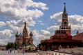 Moscow, Russia - July 10, 2020:View of Red Square, Spasskaya Tower and St. Basil`s Cathedral of the Moscow Kremlin on a sunny summ Royalty Free Stock Photo