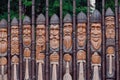 Moscow, Russia. July 17, 2021. Wooden sculpture Russian heroes with weapons in their hands and in helmets on their heads