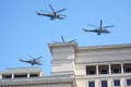 MOSCOW, RUSSIA - June 24,2020. An air parade of military combat helicopters of Russian Air Force fly in skies of Moscow over