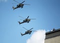 MOSCOW, RUSSIA - June 24,2020. An air parade of military combat helicopters of Russian Air Force fly in skies of Moscow over