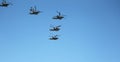 MOSCOW, RUSSIA - June 24,2020. An air parade of military combat helicopters of Russian Air Force fly in skies of Moscow over