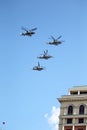 MOSCOW, RUSSIA - June 24,2020. An air parade of military combat helicopters of Russian Air Force fly in skies of Moscow over Royalty Free Stock Photo