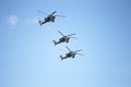 MOSCOW, RUSSIA - June 24,2020. An air parade of military combat helicopters of Russian Air Force fly in skies of Moscow over