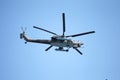 MOSCOW, RUSSIA - June 24,2020. An air parade of military combat helicopters of Russian Air Force fly in skies of Moscow over