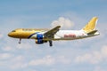 Moscow, Russia - June 21, 2019: Aircraft Airbus A320-214 A9C-AN of Gulf Air airline landing at Domodedovo international airport in