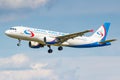 Moscow, Russia - June 21, 2019: Aircraft Airbus A320-214 VQ-BCZ of Ural Airlines landing at Domodedovo international airport in