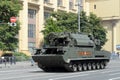 All-weather tactical anti-aircraft missile system `tor-M2` on Moscow`s Mokhovaya street during the parade dedicated to the 75th an