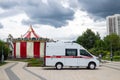 Moscow, Russia - June 17. 2022. An ambulance is on duty near the children's entertainment center