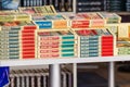 Moscow, Russia - June 02, 2019: Books on the stands closeup at the Book festival Red Square 2019 in Moscow