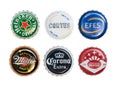 Moscow, Russia - June 10, 2021:The Bottle caps. Brahma. Heineken. Efes. Miller. Cortes Royalty Free Stock Photo