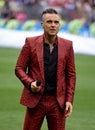 British singer Robbie Williams performing at the opening ceremony of FIFA World Cup 2018 in Russia. Royalty Free Stock Photo