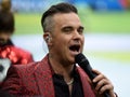 British singer Robbie Williams performing at the opening ceremony of FIFA World Cup 2018 in Russia. Royalty Free Stock Photo