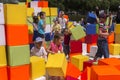 Moscow, Russia, 02 June 2019. Children build buildings of large blocks in the city Park