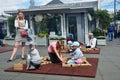 Moscow, Russia, June, 12, 2017. Children build shapes with wooden bars at the Revolution square during the festival `Times and epo