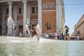 MOSCOW, RUSSIA - JUNE 5, 2019: Children having fun in city fountain. Royalty Free Stock Photo