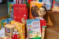 Moscow, Russia - June 02, 2019: Children literature on the stand closeup at the Book festival Red Square 2019 in Moscow