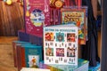 Moscow, Russia - June 02, 2019: Children literature on the stand closeup at the Book festival Red Square 2019 in Moscow