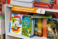 Moscow, Russia - June 02, 2019: Children literature on the stand closeup at the Book festival Red Square 2019 in Moscow