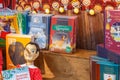 Moscow, Russia - June 02, 2019: Children literature on the stand closeup at the Book festival Red Square 2019 in Moscow