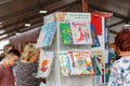 Moscow, Russia - June 02, 2019: Children literature on the stand closeup at the Book festival Red Square 2019 in Moscow