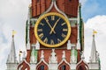 Moscow, Russia - June 02, 2019: Chimes Clock Of Spasskaya Tower Of Moscow Kremlin Closeup On A Background Of Blue Sky With White