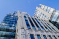 Moscow, Russia, June 2020: Close-up of a fragment of a modern office building with architectural elements and rows of windows