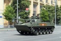 Combat tracked floating vehicle BMD-4, for transporting personnel of the airborne troops on Mokhovaya street during the parade ded Royalty Free Stock Photo