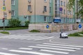 Moscow, Russia - June 04, 2022: delivery drone crosses the road