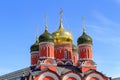 Moscow, Russia - June 03, 2018: Domes of Cathedral of Mother of God Sign of Former Znamensky Monastery in Moscow on a blue sky Royalty Free Stock Photo