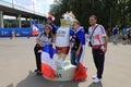 MOSCOW, RUSSIA - June 26, 2018: fans take photo with mascot Zabivaka before the World Cup Group C game between France and Denmark