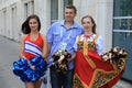 MOSCOW, RUSSIA - June 26, 2018: fans take photo with russian beauty models before the World Cup Group C game between France and De