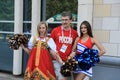 MOSCOW, RUSSIA - June 26, 2018: fans take photo with russian beauty models before the World Cup Group C game between France and De