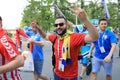 MOSCOW, RUSSIA - June 26, 2018: fans take photo with russian beauty models before the World Cup Group C game between France and De