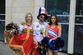 MOSCOW, RUSSIA - June 26, 2018: fans take photo with russian beauty models before the World Cup Group C game between France and De