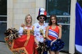 MOSCOW, RUSSIA - June 26, 2018: fans take photo with russian beauty models before the World Cup Group C game between France and De