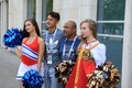 MOSCOW, RUSSIA - June 26, 2018: fans take photo with russian beauty models before the World Cup Group C game between France and De