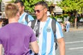 The 2018 FIFA World Cup. Argentine fan in striped white-blue t-shirts in colors of the flag of Argentina on Red square Royalty Free Stock Photo