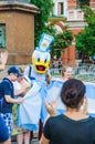 The 2018 FIFA World Cup. Argentine fans in the hat of a fan in the form of a duck with a flag of Argentina on Red square Royalty Free Stock Photo