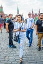 The 2018 FIFA World Cup. Argentine fans in striped white-blue t-shirts in colors of the flag of Argentina on Red square Royalty Free Stock Photo