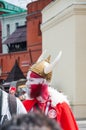 The 2018 FIFA World Cup. Danish fan in a Viking headdress on Revolution Square