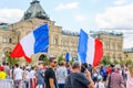 The 2018 FIFA World Cup. French fans with flags and banners on Red square