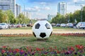 Moscow, Russia - June 26, 2018. Fifa world cup 2018 in Russia. Sculpture of a football ball on a Moscow street.