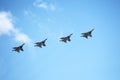 MOSCOW, RUSSIA - June 24, 2020: Fifth-generation Russian multi-purpose fighters Su-57 during air parade dedicated to 75th