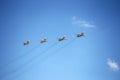 MOSCOW, RUSSIA - June 24, 2020: Fifth-generation Russian multi-purpose fighters Su-57 during air parade dedicated to 75th Royalty Free Stock Photo